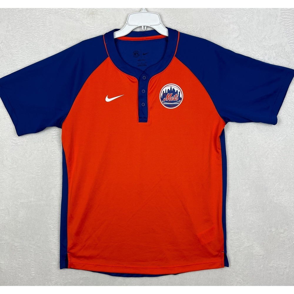Nike New York Mets Henley Shirt Mens Large Orange Blue Short Sleeve Dri Fit‎